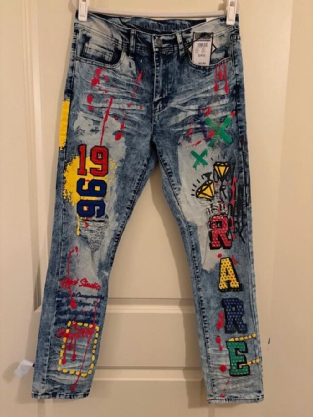 NWT Men's Rue 21 Premium Graphic Distressed Skinny Streetwear Jeans Size 32x32